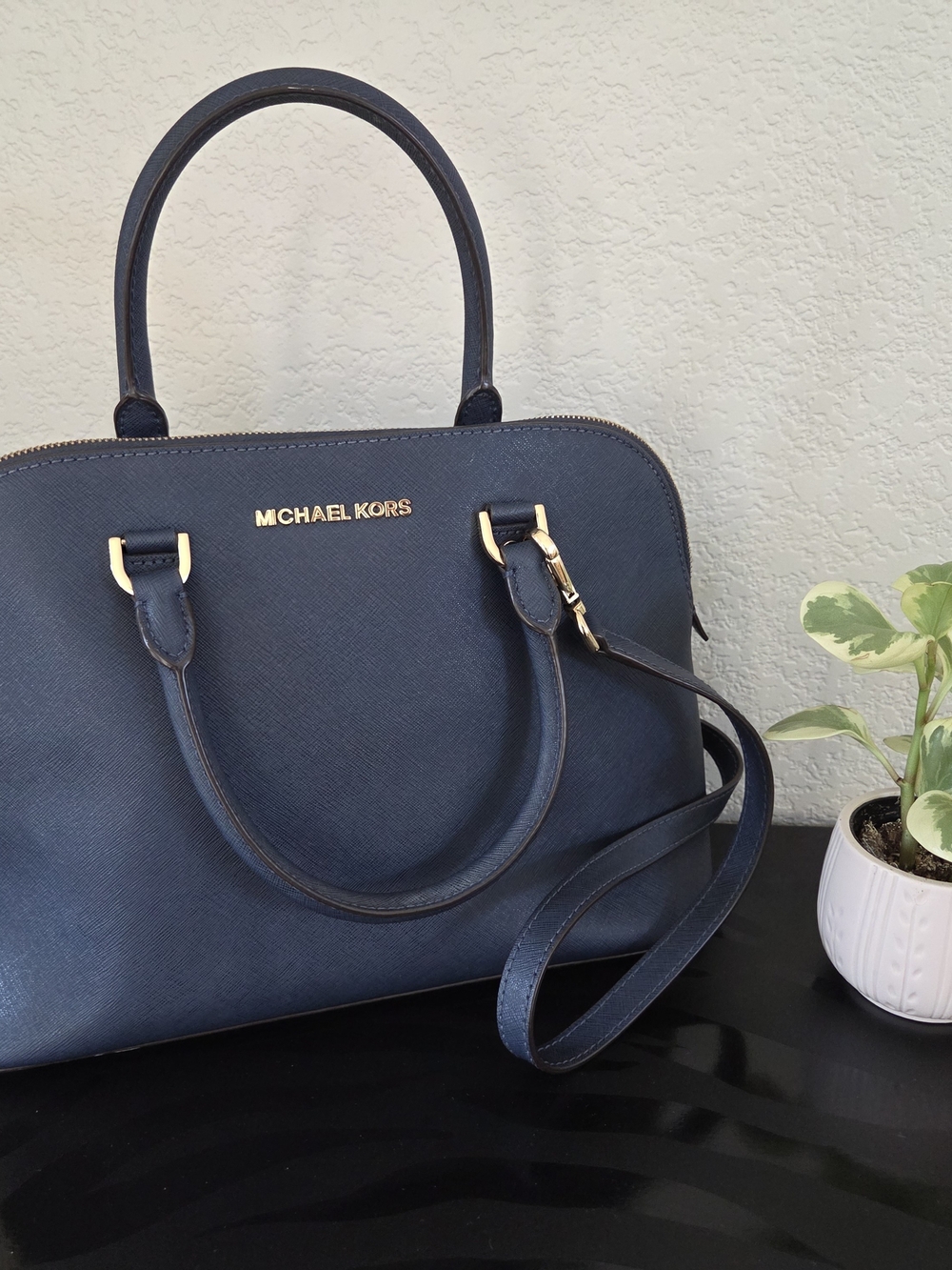 Michael Kors Navy Saffiano Dome Satchel with Gold Accents